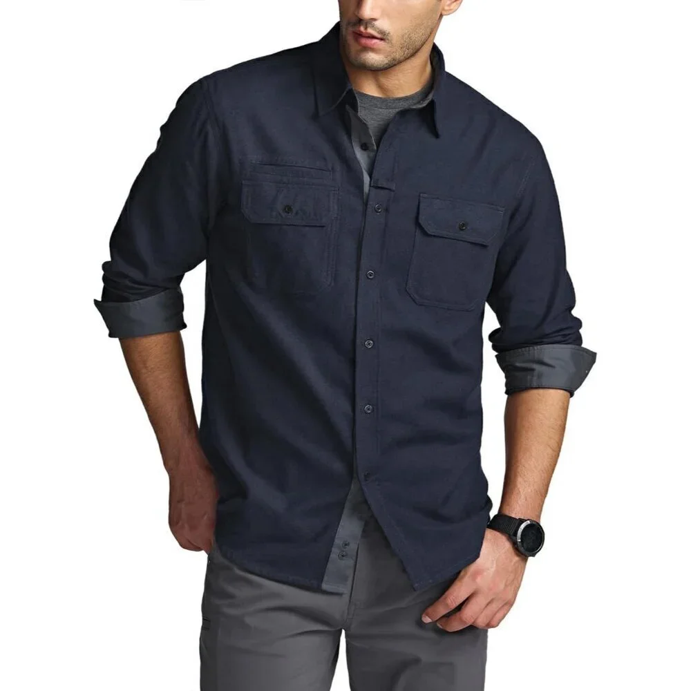 🆕Mens Solid Navy Cotton Flannel Shirt Long Sleeve Casual Outdoor Plaid